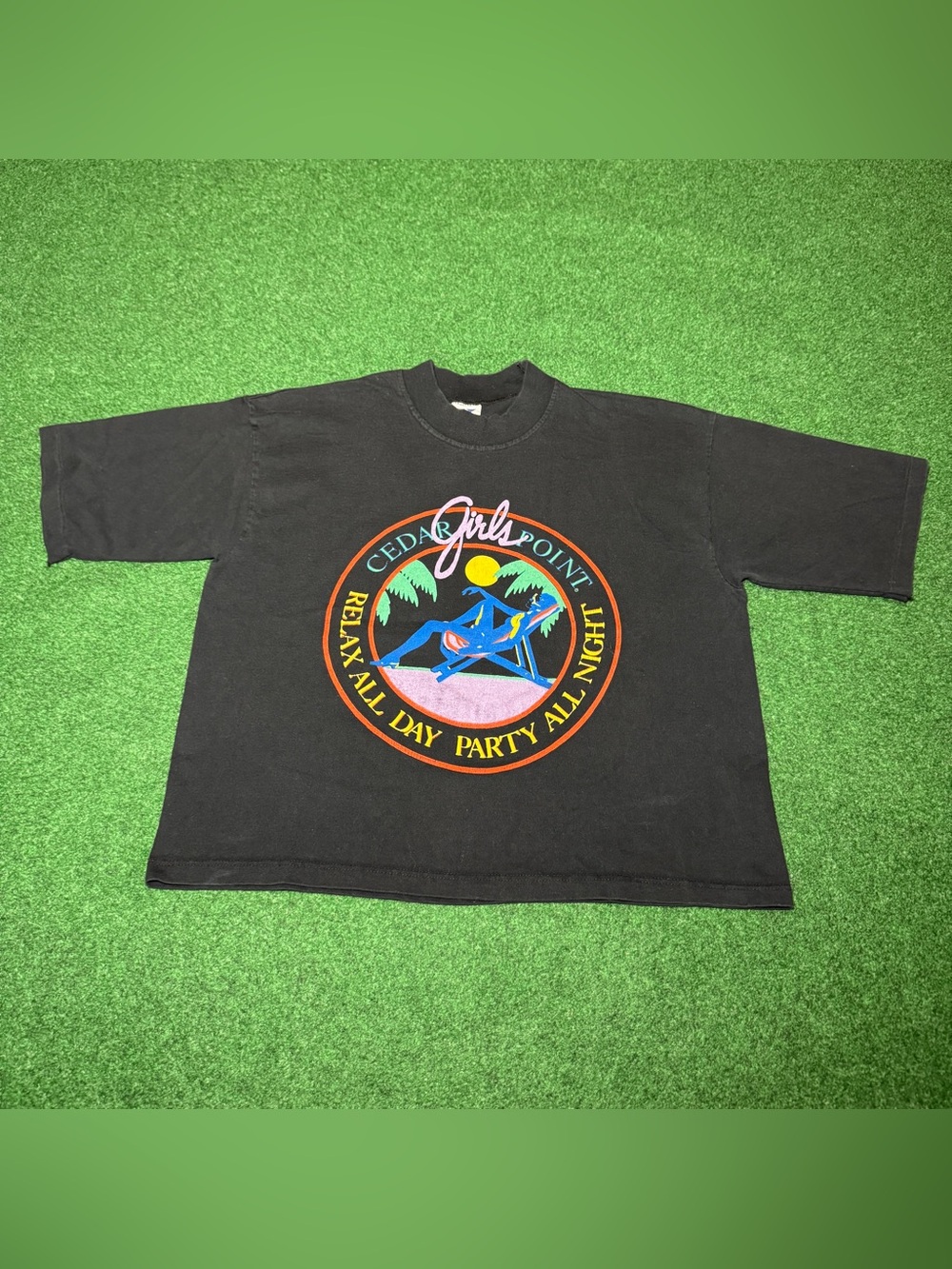 Cedar Point Girls Crop Top Vintage 90s Black Party All Night 21x22 Boxy T Shirt